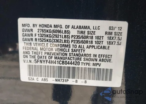 2012 Honda Pilot Ex from USA, damaged, VIN 5FNYF4H41CB044420